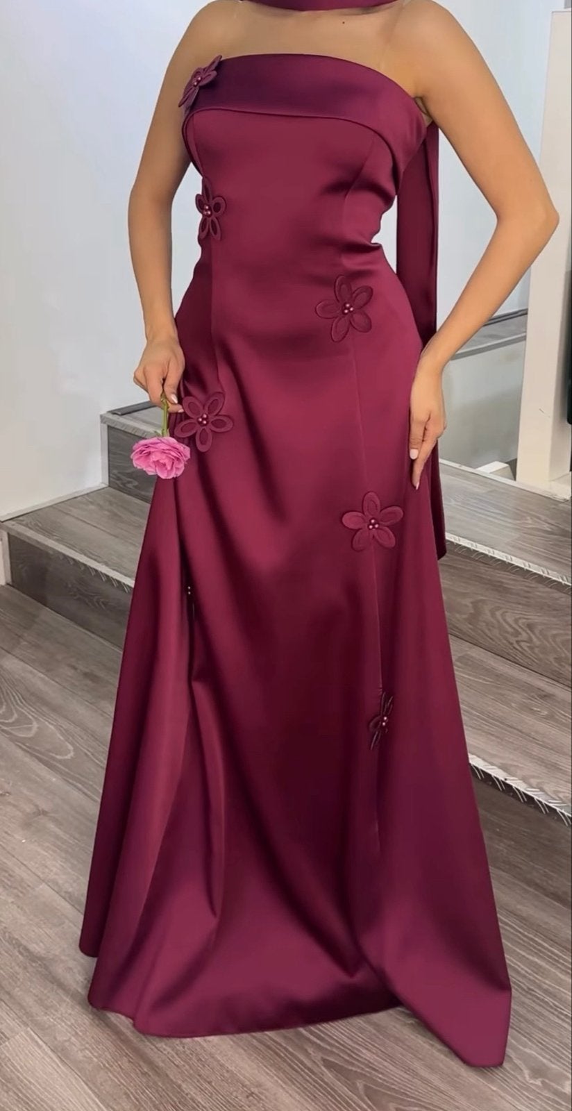Elegante bordeauxrode galajurk met bloemen/abiye maat 36/38, Kleding | Dames, Galajurk, Zo goed als nieuw, Rood, Ophalen