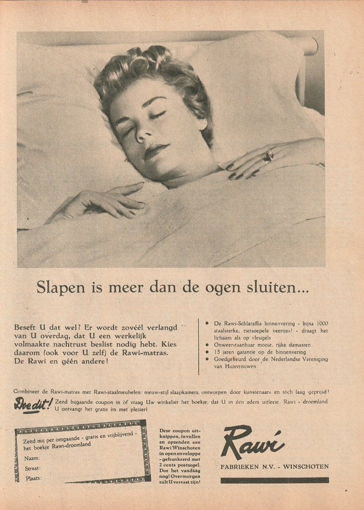 Retro reclame 1956 Rawi matrassen Winschoten lekker slapen, Verzamelen, Verzenden, Overige typen