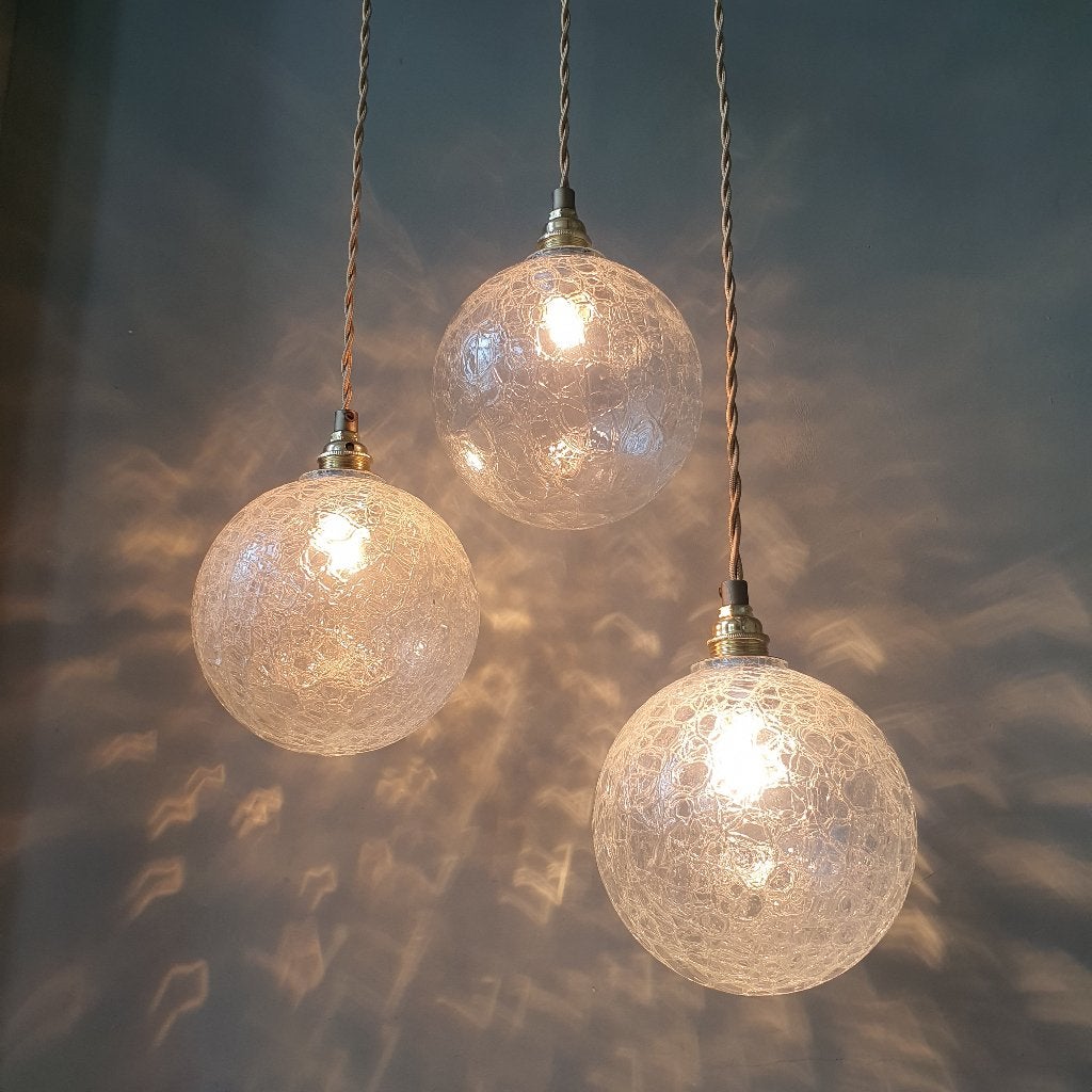 Set (3) Vintage crackle glass bol / hanglampen - Midcentury, Vintage, Mid Century, artdeco, hollywood regency, E14 (klein), Ophalen of Verzenden