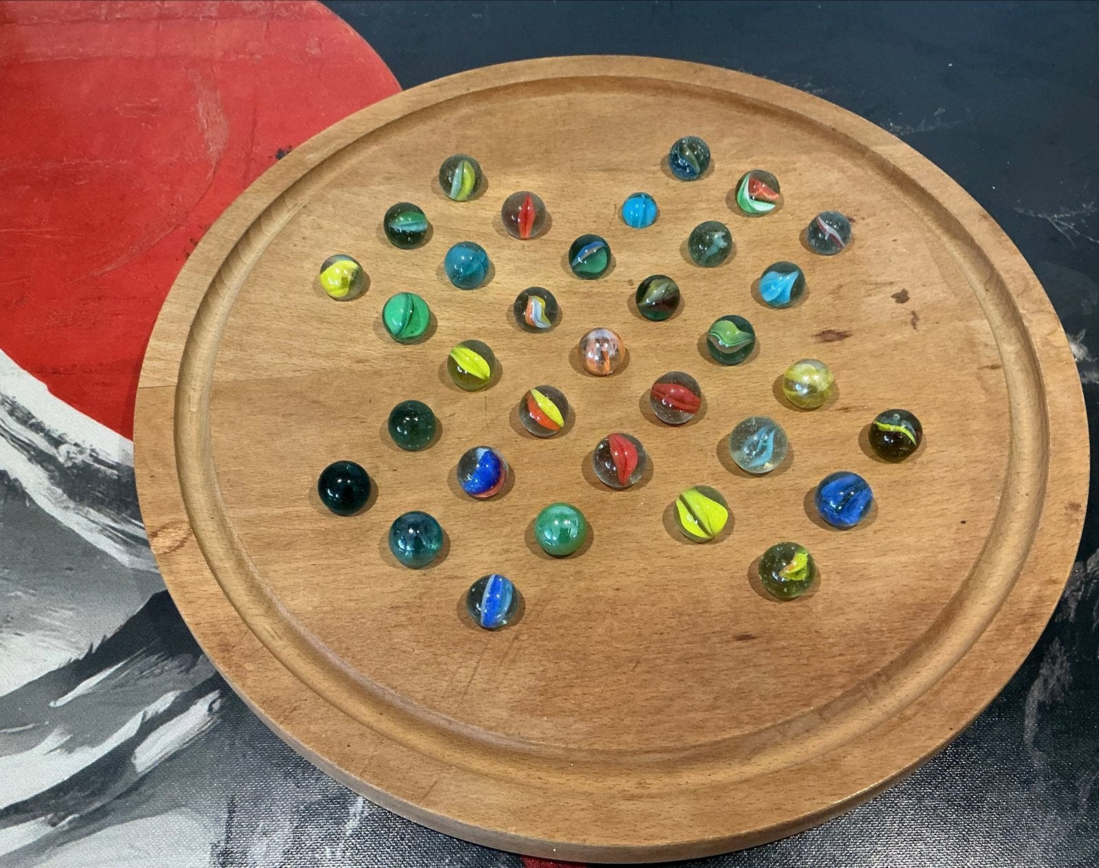 Houten Solitaire spel met knikkers, Hobby en Vrije tijd, Een of twee spelers, Ophalen of Verzenden, Zo goed als nieuw