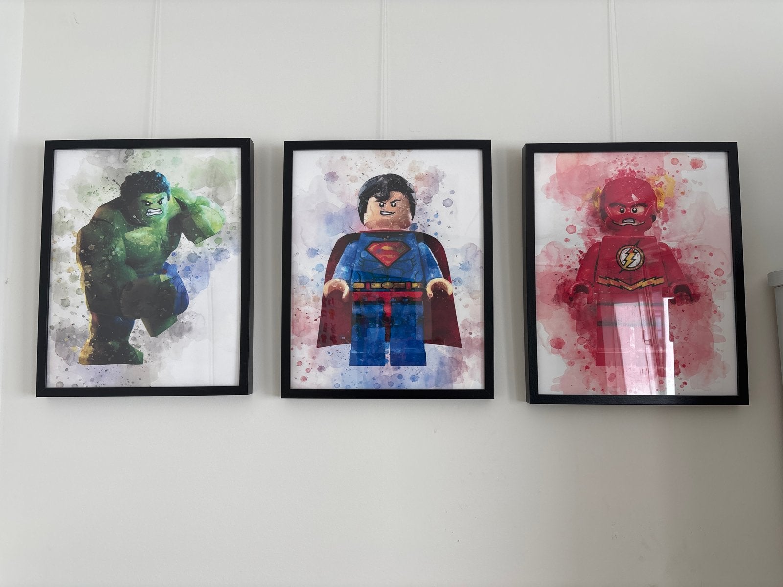 3 Canvas Posters LEGO Superhelden: Hulk, Superman, Flash, Minder dan 50 cm, Ophalen of Verzenden, Zo goed als nieuw, Foto of Poster