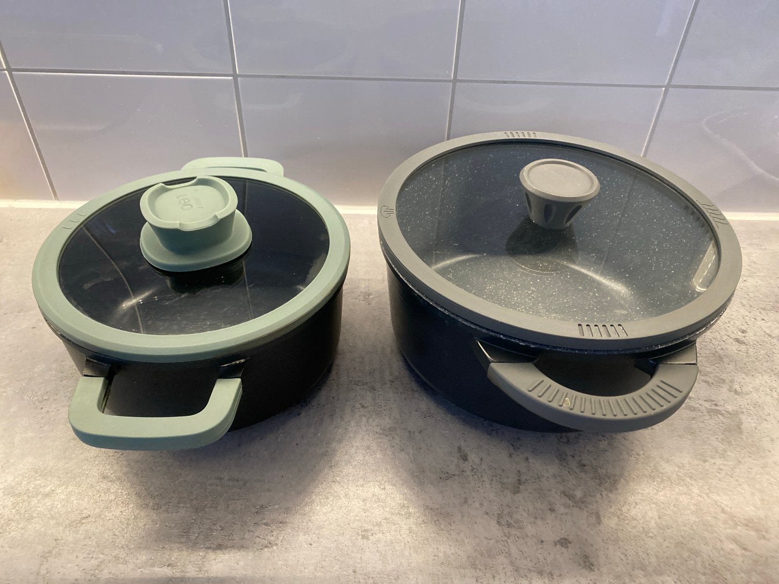 Pannenset:Berghoff / Home Creation pannen met glazen deksel, Huis en Inrichting, Overige materialen, Gebruikt, Met deksel, Pannenset