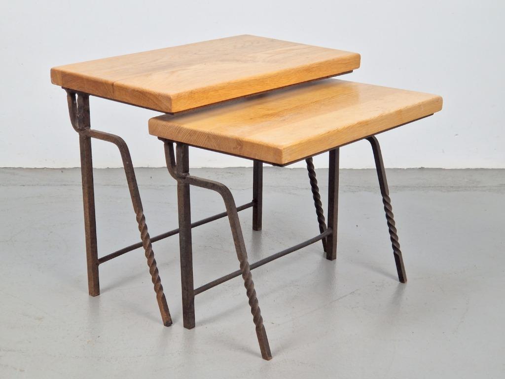 Brutalist 2 bijzettafel nesting mimi set eik iron ‘70 France, 45 tot 60 cm, Minder dan 55 cm, N, Metaal of Aluminium