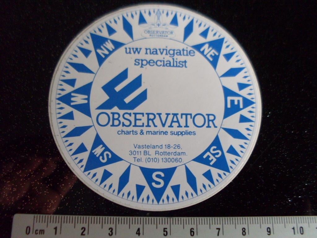 sticker observator charts & marine supplies rotterdam, Ophalen of Verzenden, Zo goed als nieuw, Bedrijf of Vereniging