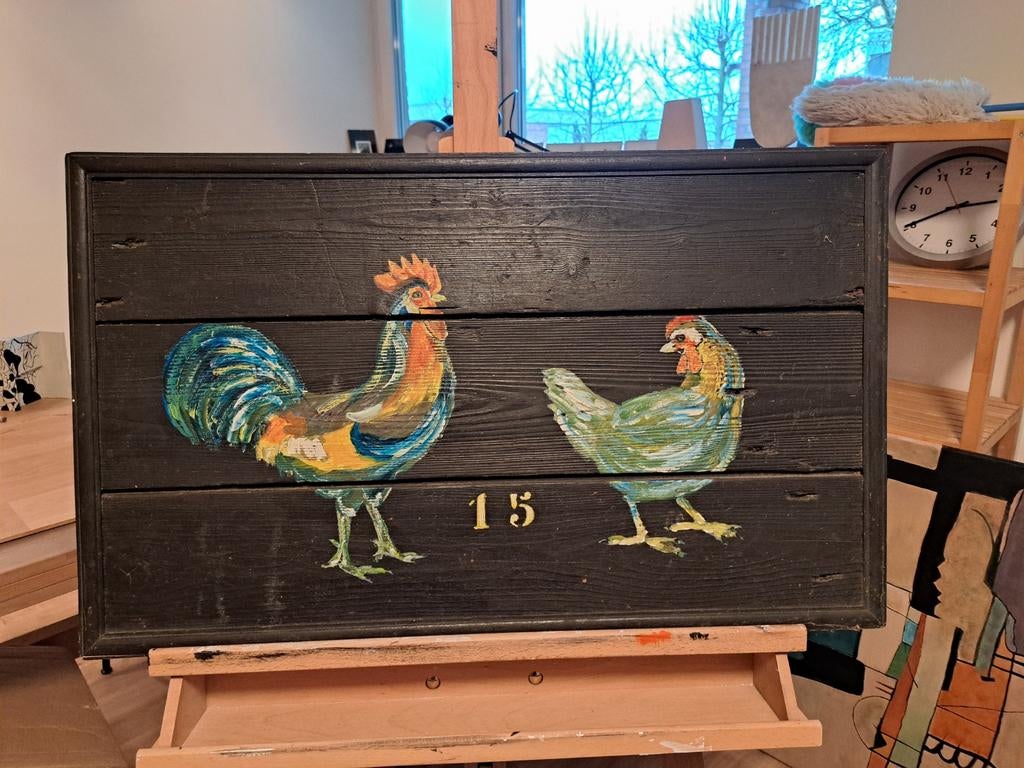 Schilderij Haan en Kip op Houten Paneel, Ophalen of Verzenden