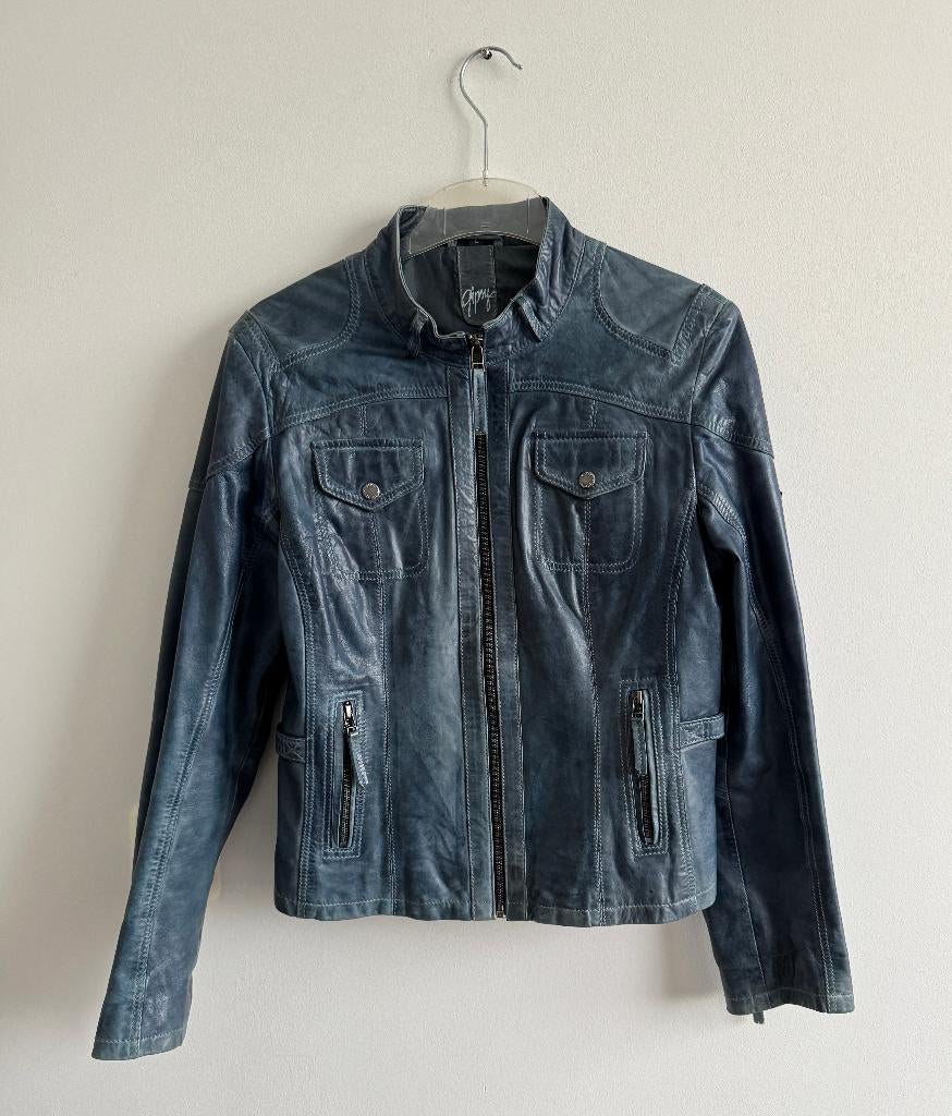 Leren Bikerjack dames - merk Gipsy - kleur jeansblauw, Blauw, Ophalen of Verzenden, Zo goed als nieuw, Gipsy