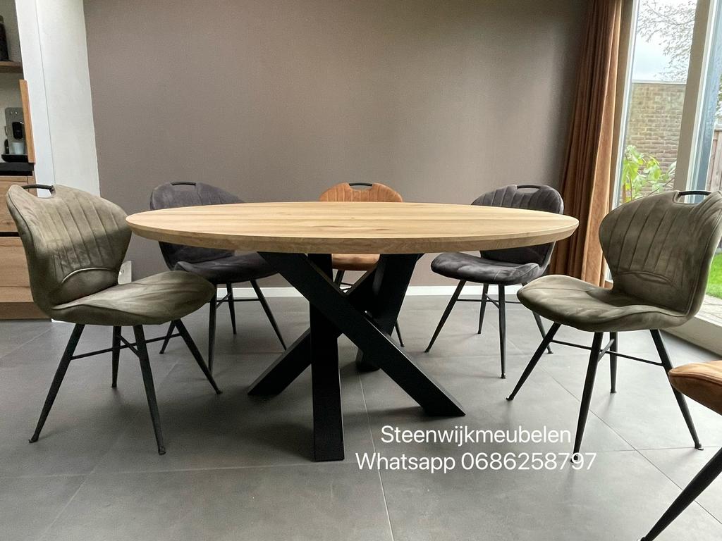 Eiken tafel eettafel Deens ovaal verjongd rond boomstamtafel, Huis en Inrichting, Tafels | Eettafels, 100 tot 150 cm, Ophalen of Verzenden