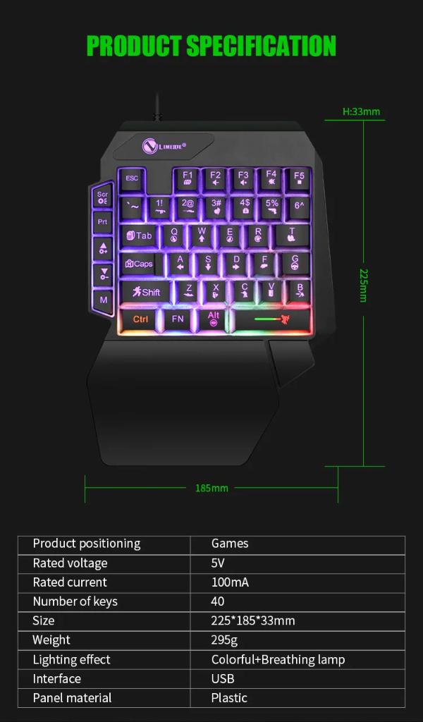 One Handed Usb Toetsenbord 35 +5 Toetsen Rgb Gaming keyboard, Computers en Software, Toetsenborden, Nieuw, Overige indelingen