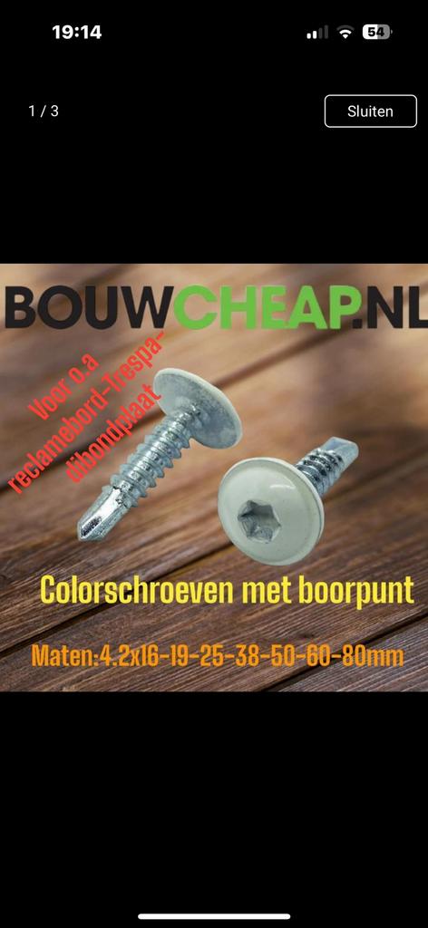 Kleurkopschroeven goedkoopste van Nederland, Doe-het-zelf en Verbouw, Ophalen of Verzenden, Nieuw