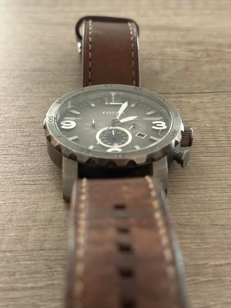 Fossil Nate JR1424 - heren horloge bruine band vintage look, Overige merken, Overige materialen, Info@fossil.com, Polshorloge