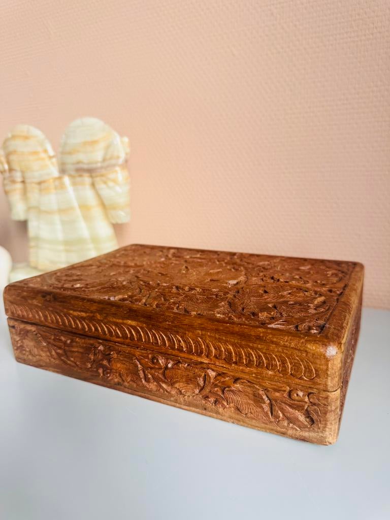 Vintage opberg box hout India houtsnijwerk, Ophalen of Verzenden, Gebruikt, Rechthoekig, Hout