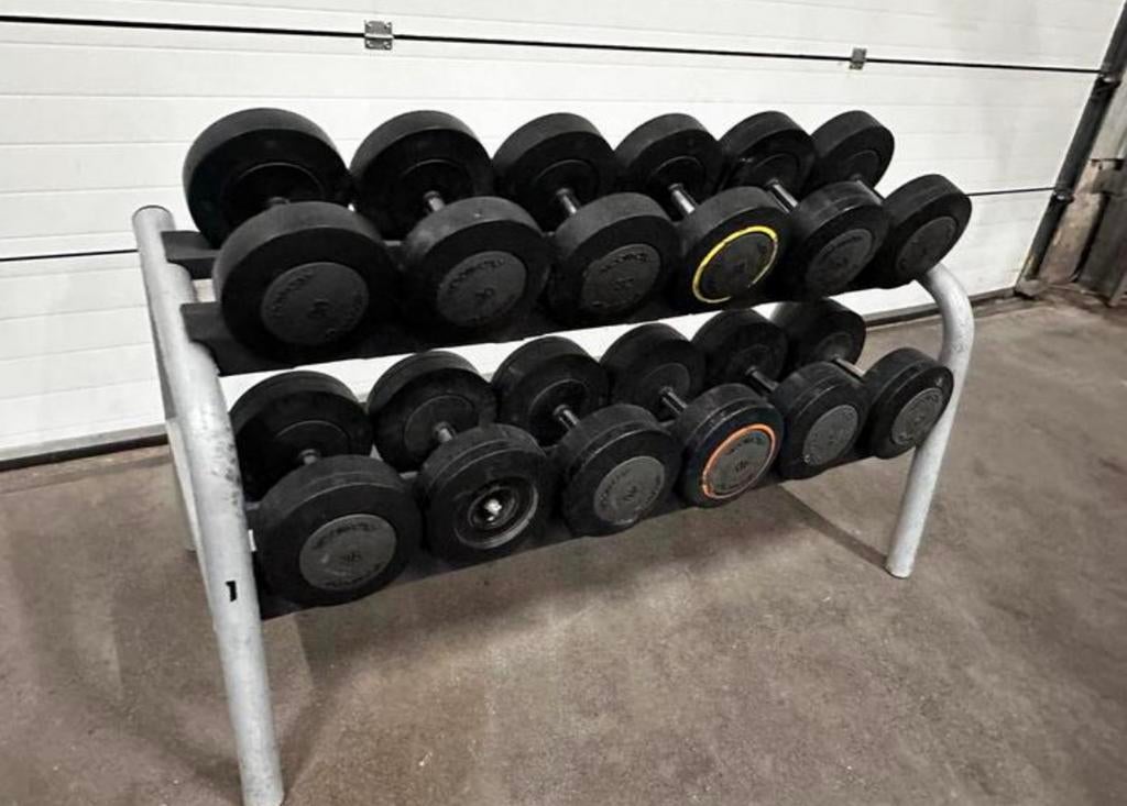Technogym Dumbells 30kg t/m 42kg + Opbergrek, Sport en Fitness, Fitnessmaterialen, Gebruikt, Dumbbell, Ophalen
