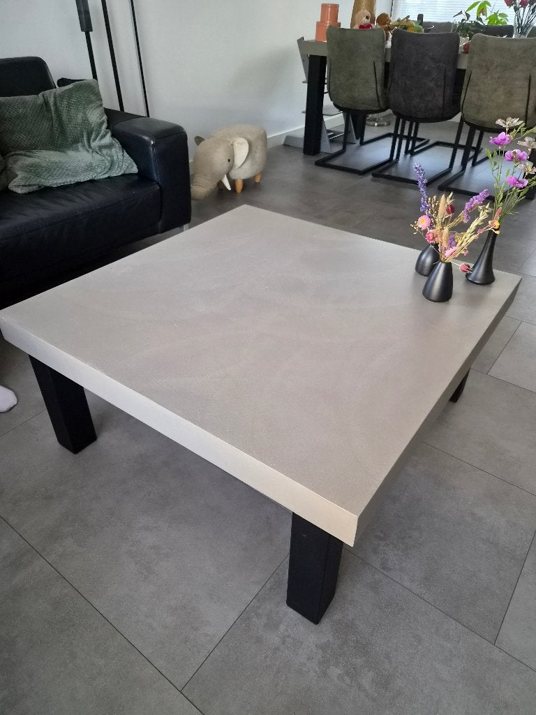 Salon- en eettafel, betonlook, houten blad, stalen poten, Gebruikt, 50 tot 100 cm, Vierkant, 50 tot 100 cm