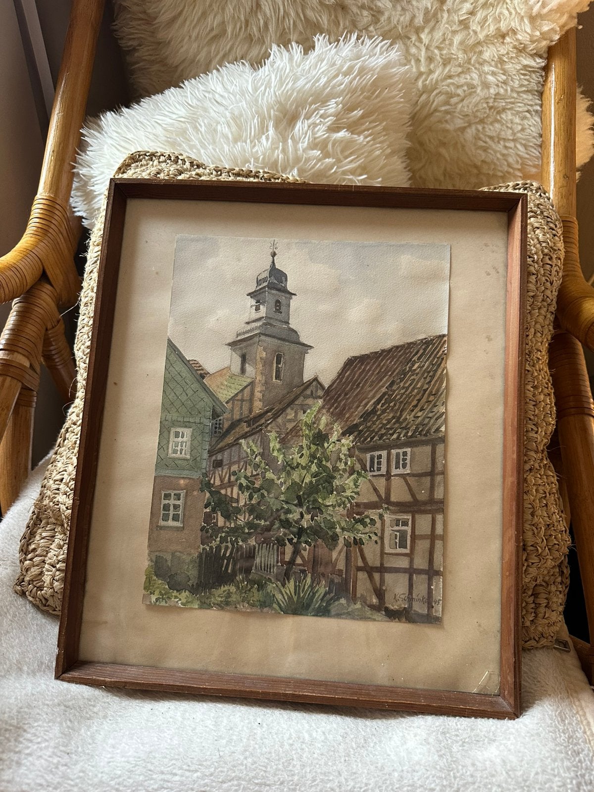 Originele aquarel 1945 - K. Schmincke - Züschen bij Fritzlar, Ophalen of Verzenden