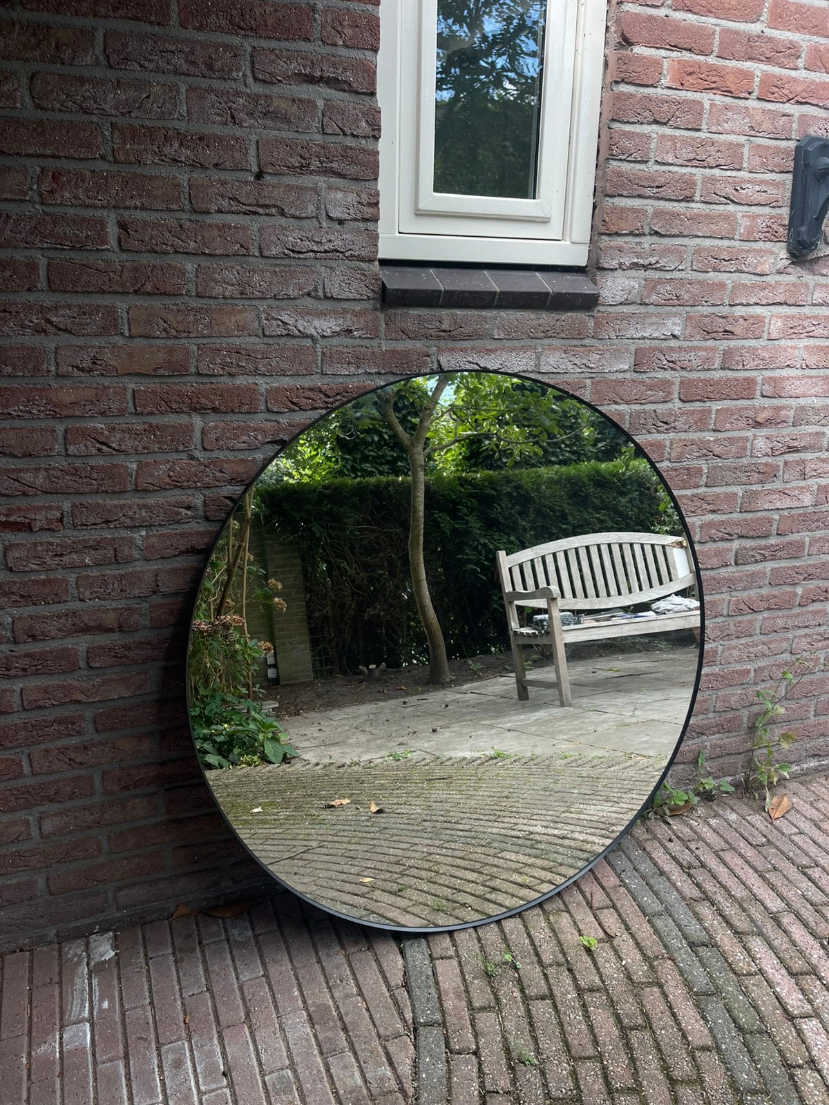 IKEA LINDBYN ronde spiegel 110cm, Ophalen, 100 tot 150 cm, Rond, Zo goed als nieuw