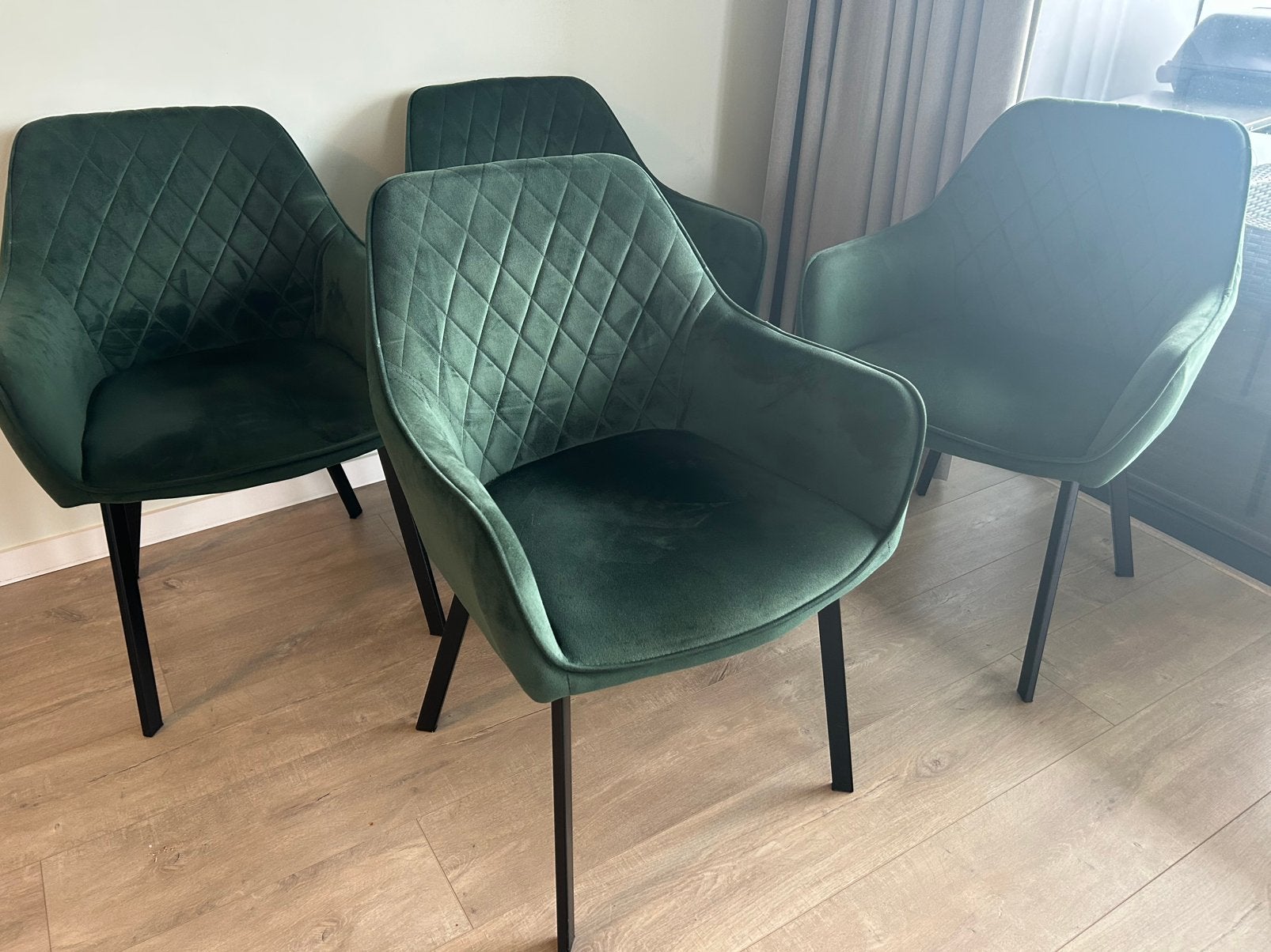 Vier stoelen (groen velvet stof), Ophalen, Overige kleuren, Zo goed als nieuw, Vier