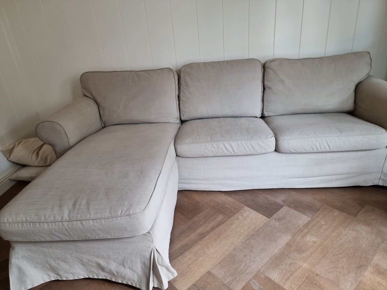 Ikea Ektorp bank met chaise longue en 2 hoezen, beige+grijs, 250 tot 300 cm, Gebruikt, Hoekbank, Driepersoons