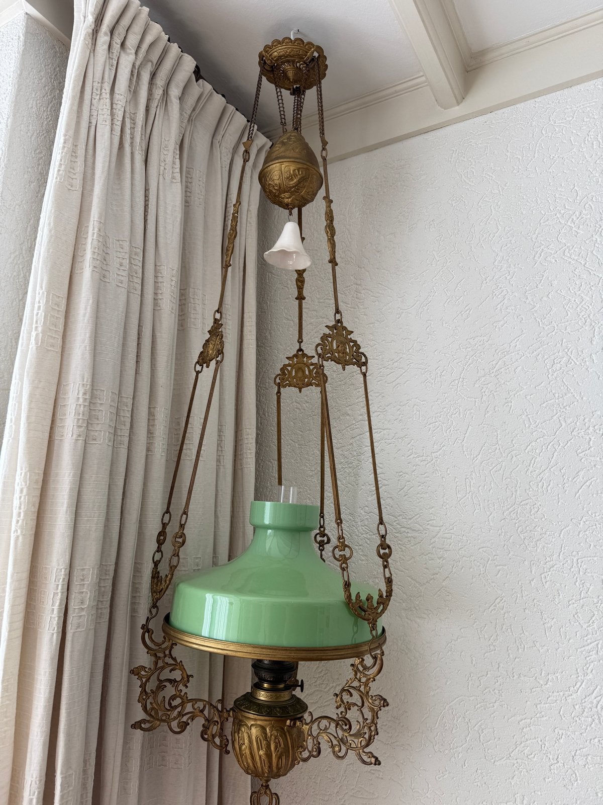 Antieke olielamp met groen glazen kap, Antiek en Kunst, Ophalen