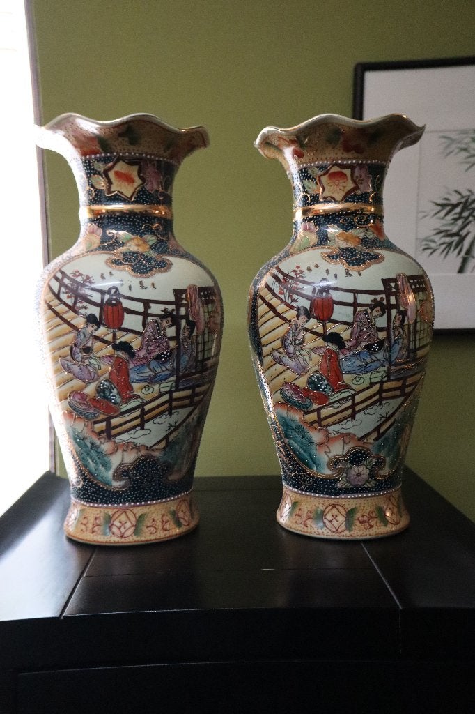 Vintage grote Chinese vazen Satsuma stijl c 1950, Antiek en Kunst, Antiek | Porselein, Ophalen of Verzenden
