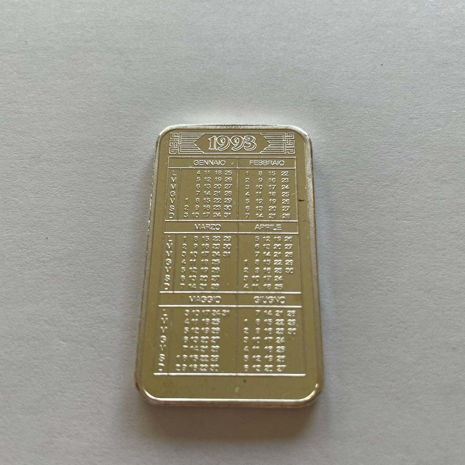 1oz. Zilverbaar 1993 italiaanse kalender, Ophalen of Verzenden, Zilver
