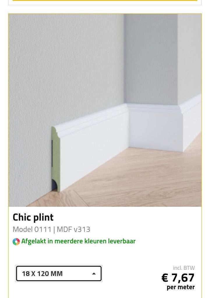 4 stuks Chic plint (18x120mm | 244cm lang) Plintenfabriek, Doe-het-zelf en Verbouw, Plinten en Afwerking, Ophalen, Nieuw, Mdf