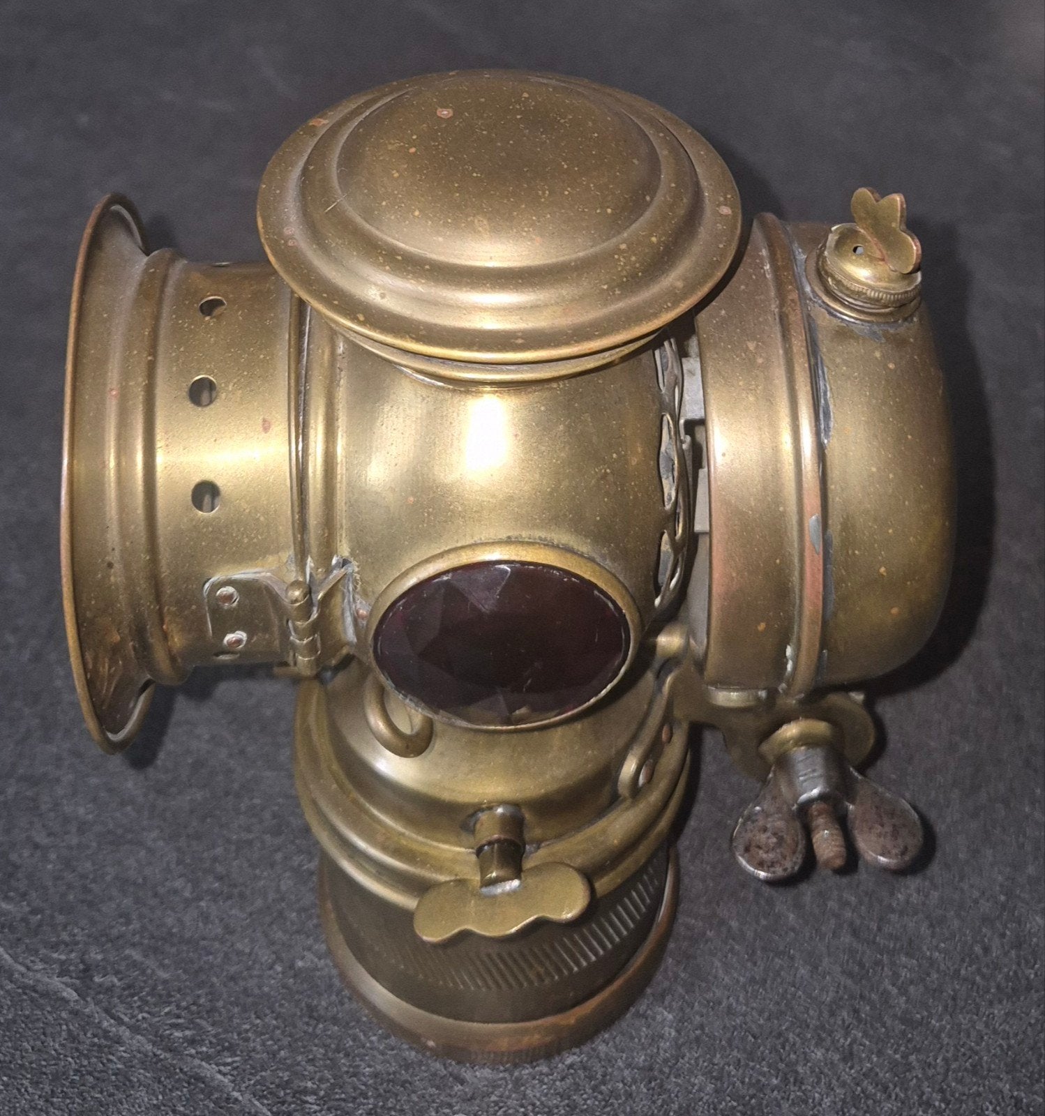 Antieke messing fietslamp met rood en groen glas, Ophalen