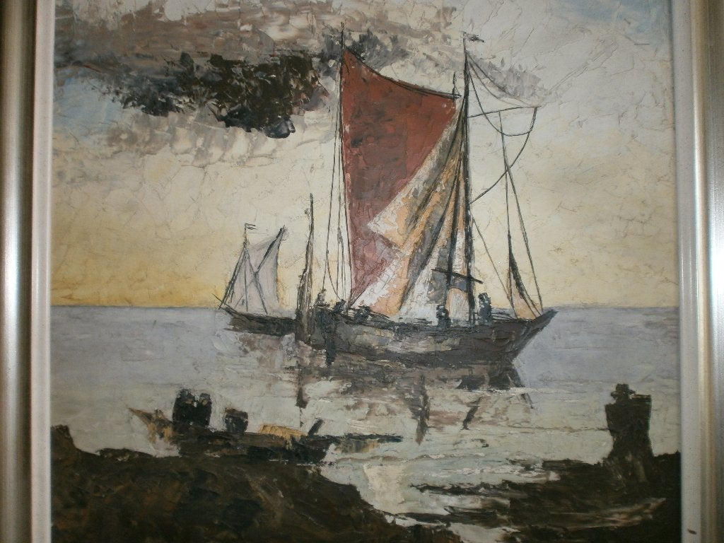 klassiek zeegezicht met vissersschepen  ca 1970 Jan Bevort, Ophalen, Impressionistisch, Olieverf, Handgeschilderd
