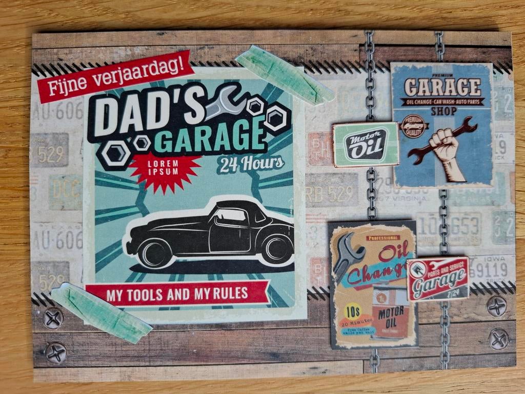 Zelfgemaakte felicitatiekaart dad's garage, Ophalen of Verzenden, Nieuw