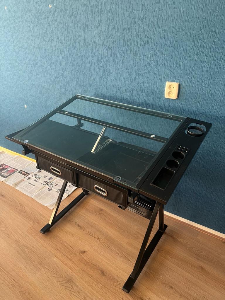 Tekentafel met glazen blad en 2 laden, Doe-het-zelf en Verbouw, Tekentafels, Ophalen, Gebruikt, Minder dan 130 cm