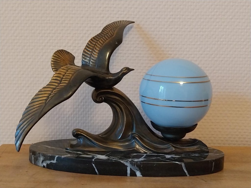 Art Deco tafellamp vogel zamak marmer blauw opaline glas, Ophalen of Verzenden