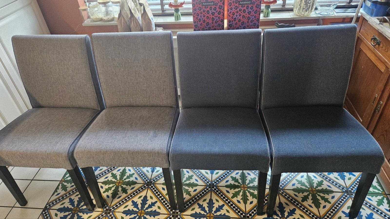 4 eetkamerstoelen, Huis en Inrichting, Stoelen, Ophalen, Gebruikt, Blauw, Vier