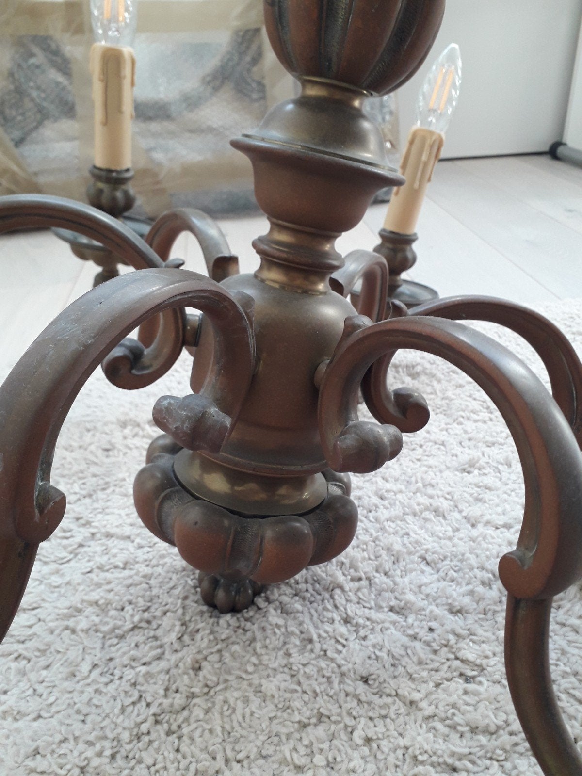 koperen kroonluchter 6 armig plafond hanglamp koper, Huis en Inrichting, Ophalen, Zo goed als nieuw, Vintage, antiek, E14 (klein)