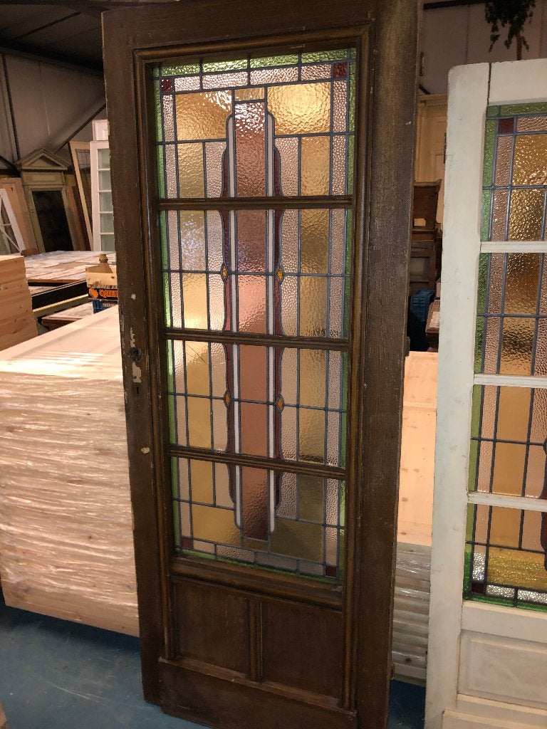 Antieke openslaande deur met glas in lood 220x86 cm., Ophalen of Verzenden
