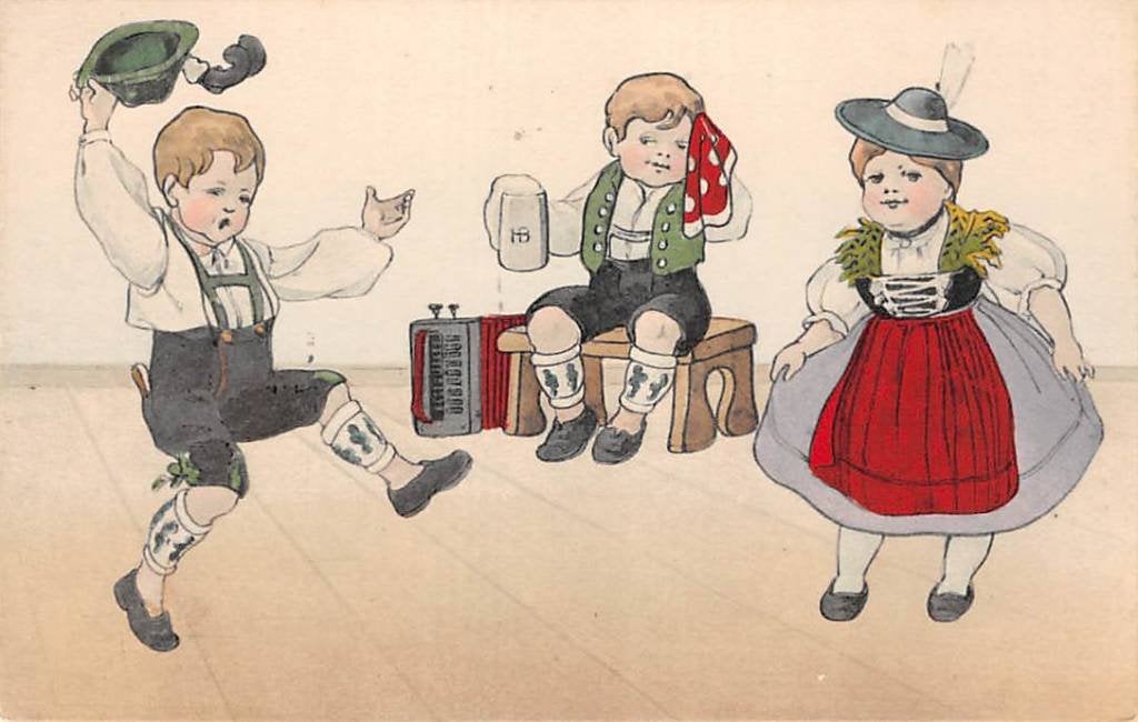 Fantasie Dansende jongen Lederhosen Duitsland Vintage Kind 5, Ophalen of Verzenden, Voor 1920, Ongelopen, Kinderen
