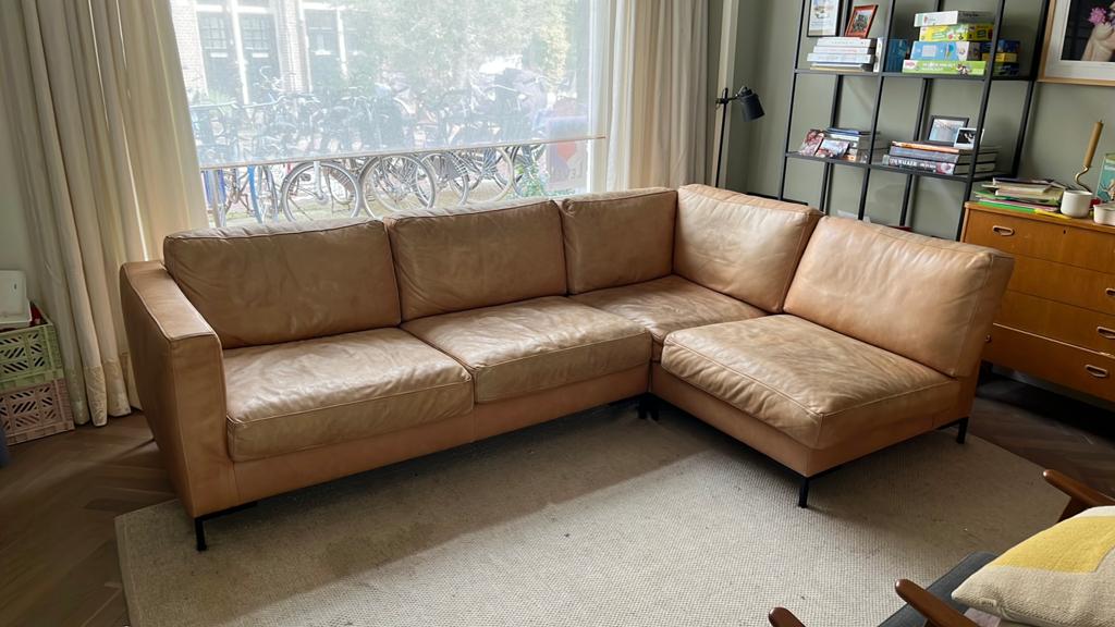 Cognac leren hoekbank, Huis en Inrichting, Banken | Bankstellen, Ophalen, Gebruikt, Vierpersoons of meer