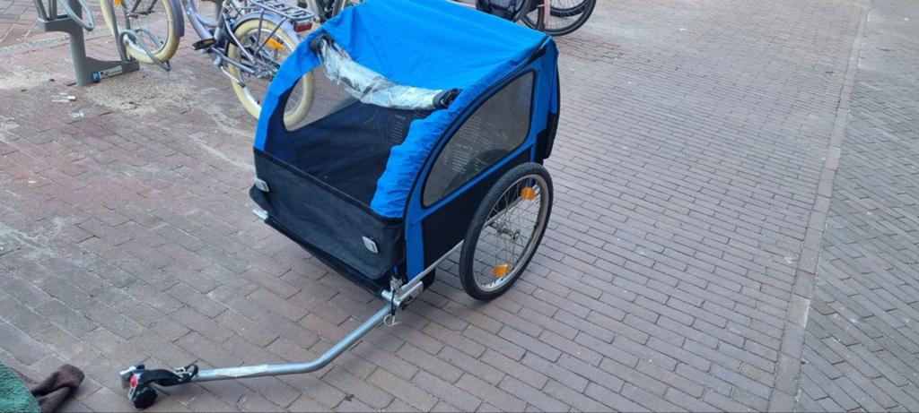 Blauwe fietskar voor kinderen - Gebruikt, Fietsen en Brommers, Ophalen, Gebruikt, Kinderkar, 40 tot 60 kg