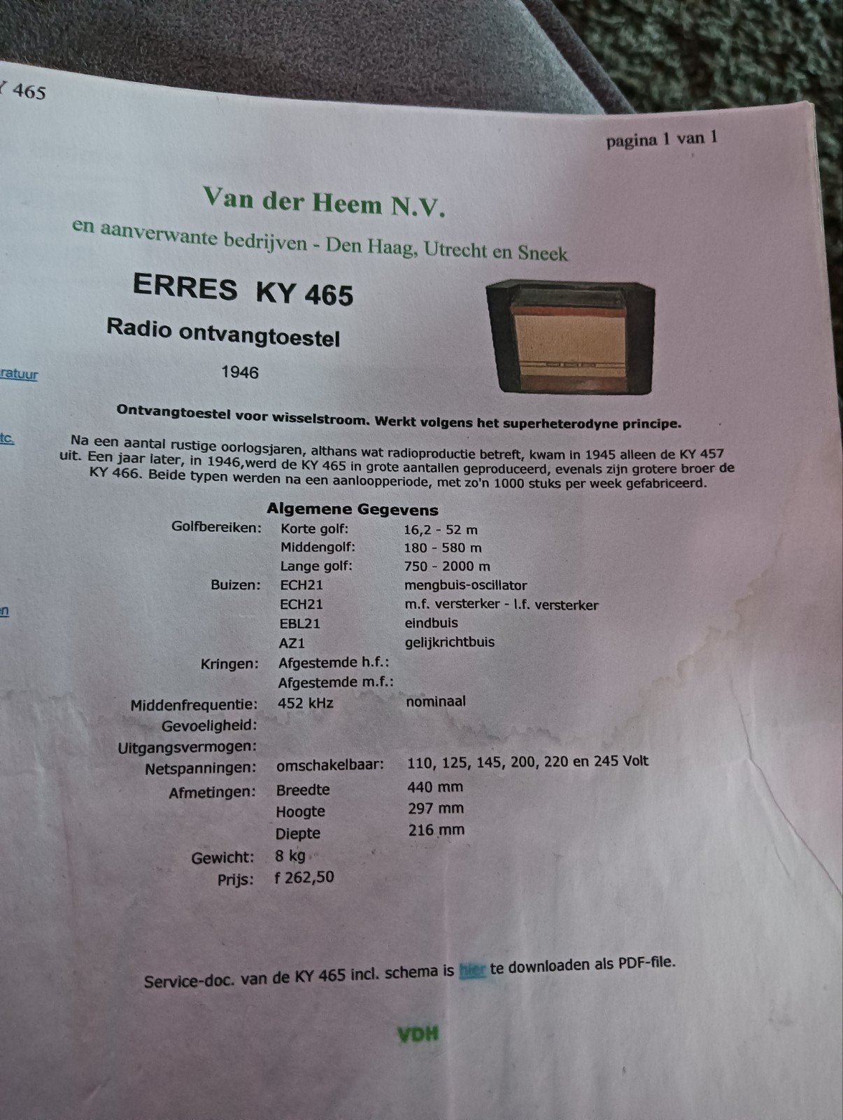 Erres KY 465 Radio Ontvangtoestel uit 1946, Ophalen of Verzenden, Gebruikt, Radio