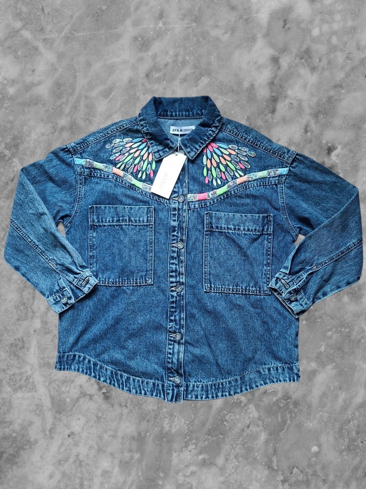Dames spijkerjas m denim jas geborduurde details, Maat 38/40 (M), Blauw, Nieuw, Ophalen of Verzenden