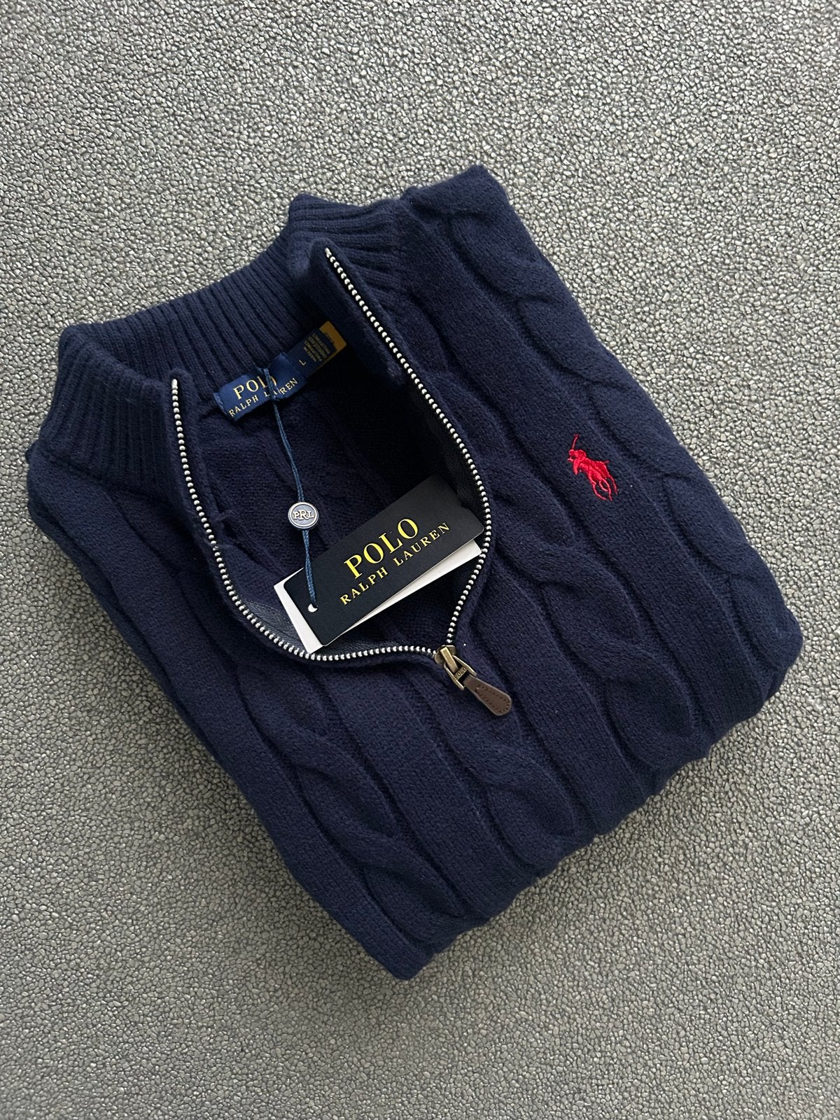 Polo Ralph Lauren kabelgebreide trui met rits maat M, Ophalen of Verzenden, Nieuw, Maat 48/50 (M), Blauw