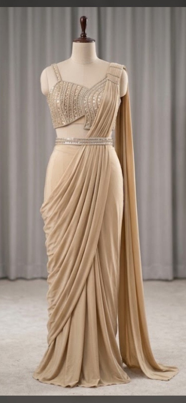 Kant-en-klare Saree Maat S tot L - Elegante Beige Saree, Overige typen, Verzenden, Beige, Nieuw