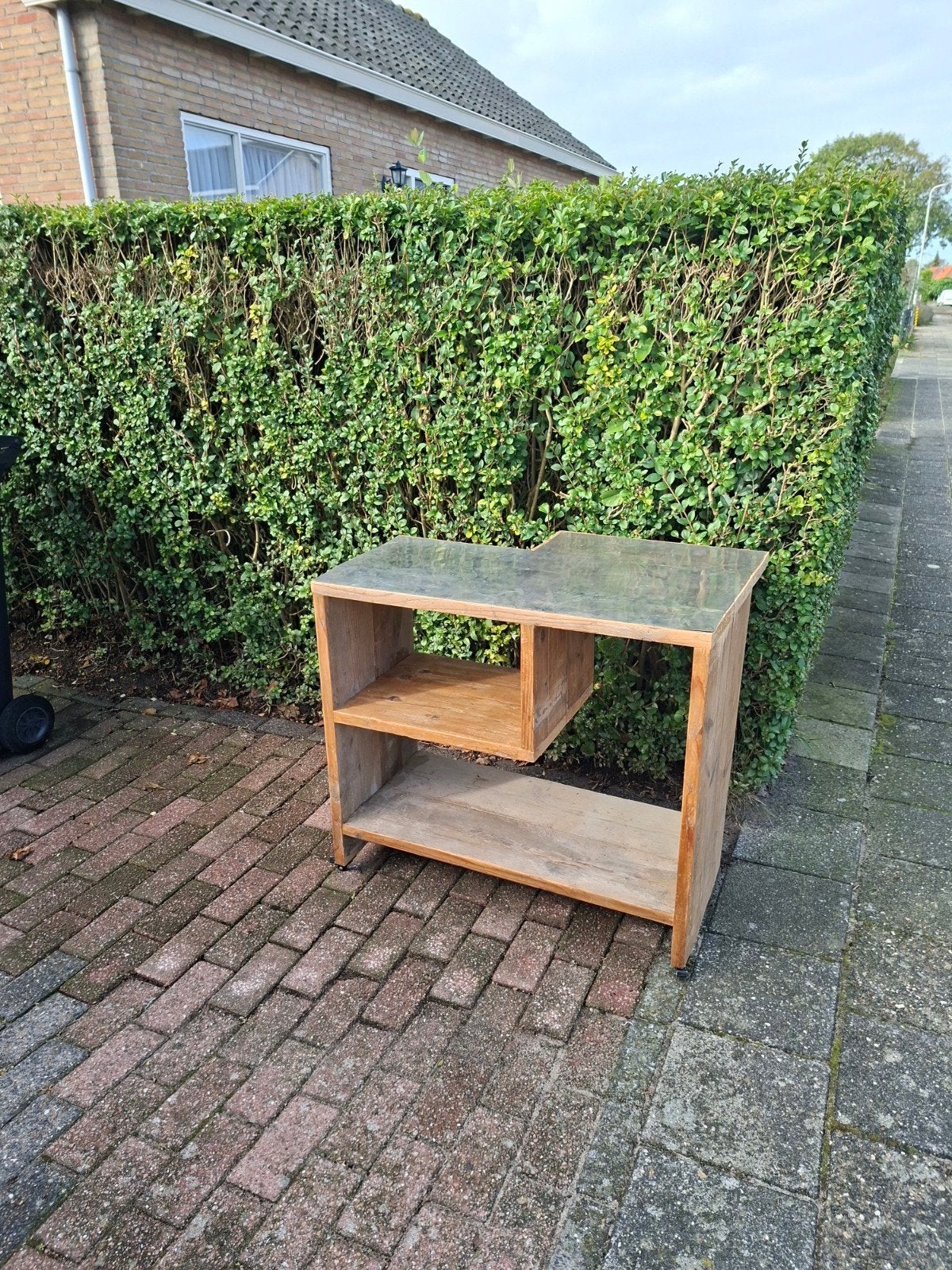 Houten pizza/BBQ tafel op wieltjes, Huis en Inrichting, Minder dan 45 cm, Gebruikt, Industrieel, Landelijk, Rechthoekig