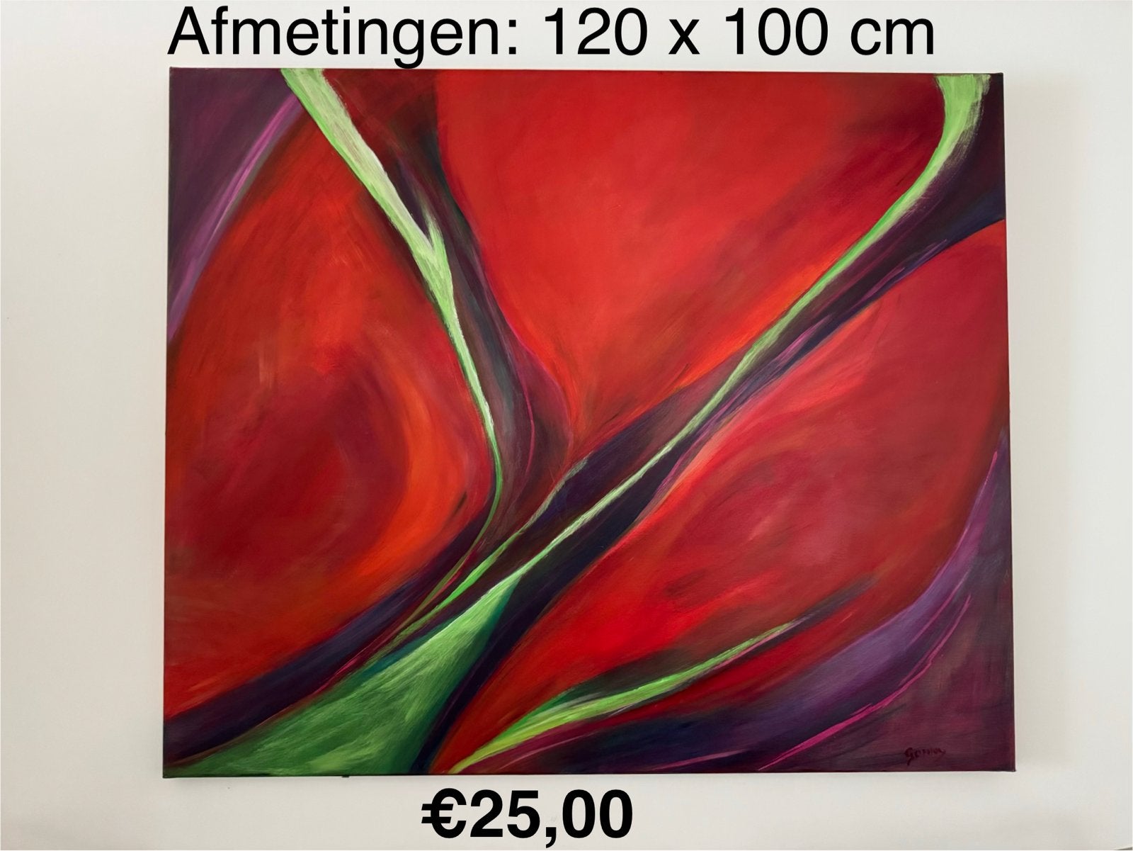 Groot abstract schilderij rood/groen 120x100 cm, Ophalen