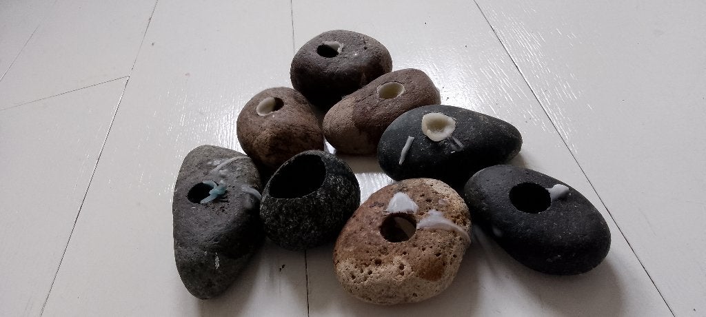 kandelaars van rivier kei 7 +1 stuk, Gebruikt, Natuurlijk materiaal, Ophalen of Verzenden, Grijs