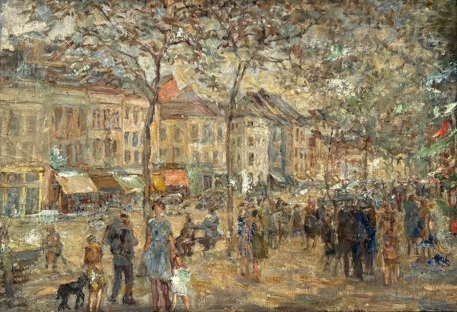709. Olieverfschilderij – stadsgezicht, ca. 1950, Antiek en Kunst, Ophalen