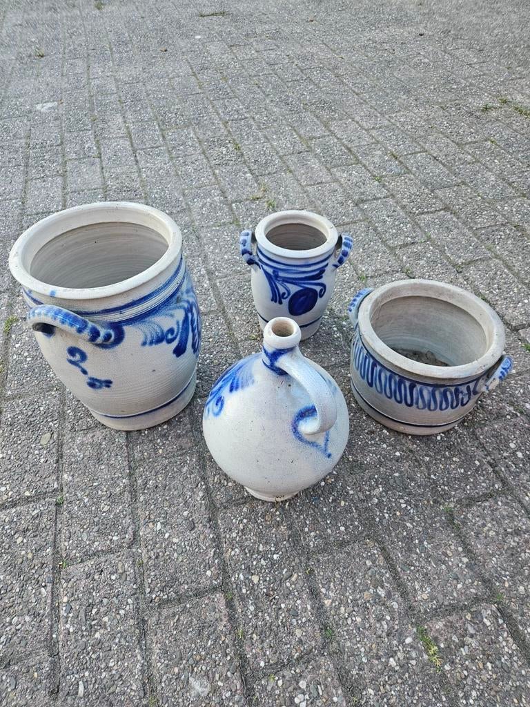 Set van 4 antieke zoutglazuur potten en kruik / Keulse pot, Ophalen