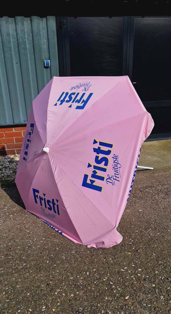 Vrolijke vintage reclame parasol, parasols, div. soorten🌞, Gebruikt, ., Ophalen of Verzenden, 1 tot 2 meter