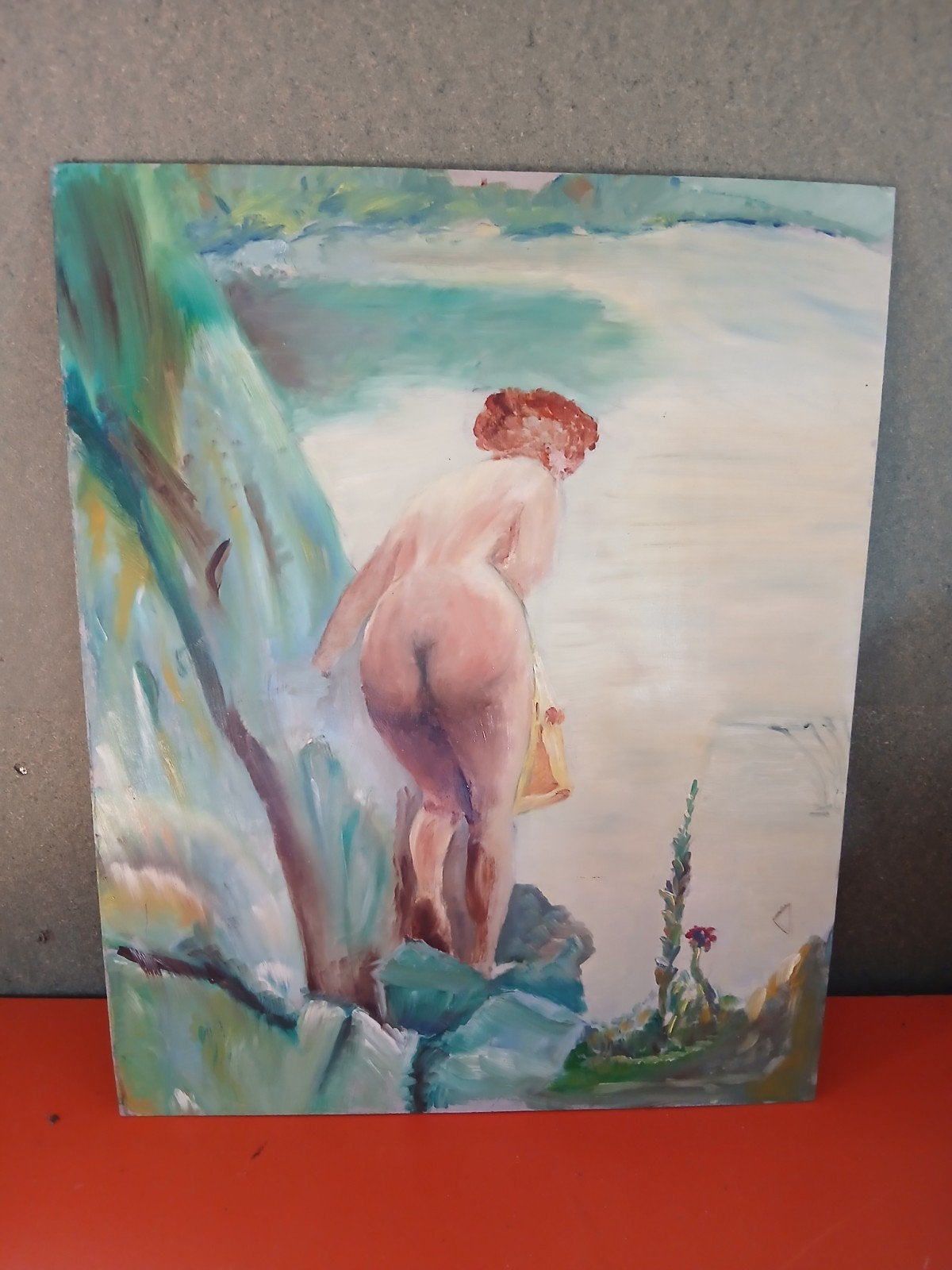 Olieverfschilderij: Naakte vrouw bij water, Ophalen of Verzenden