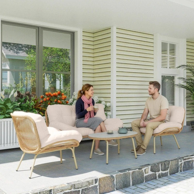 4-delige Polyrattan Loungeset met Dikke Kussens, Tuin en Terras, Tuinmeubel-accessoires, Ophalen of Verzenden, A, A, A