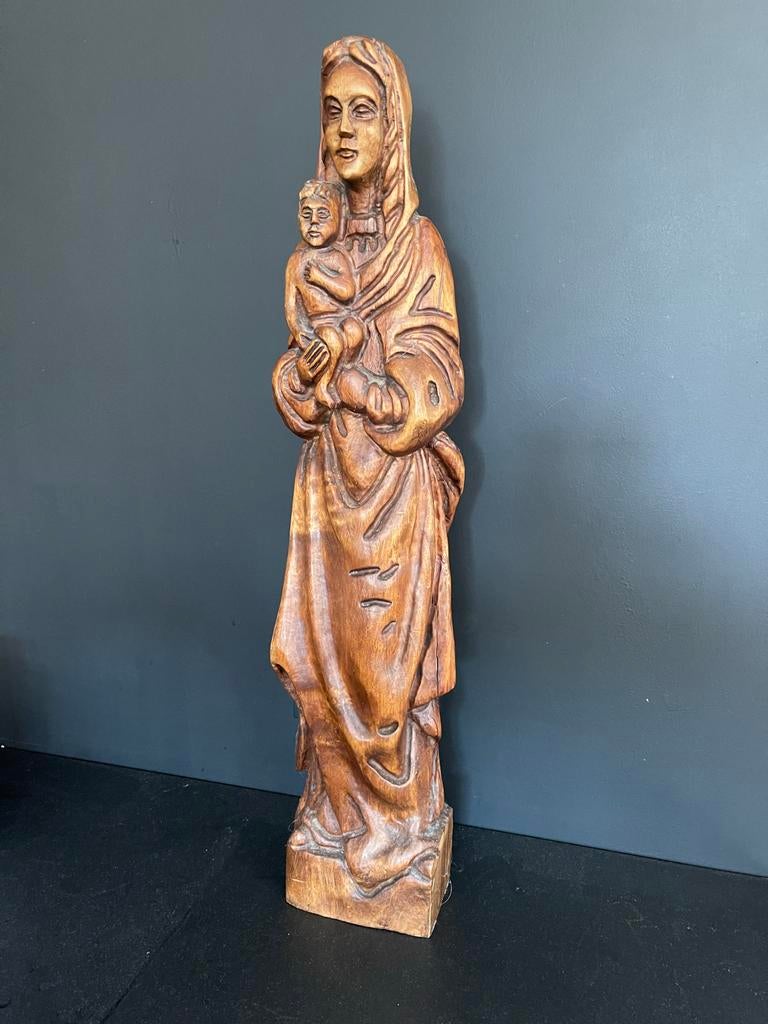 Groot Antiek Maria Beeld met Kind 68 cm - Handgesneden, Ophalen of Verzenden