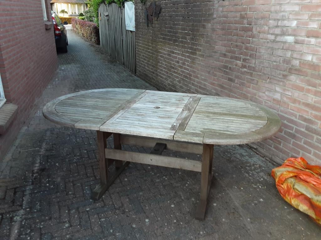Hardhouten tuinset: tafel (1.89m) met 3 stoelen, Tuin en Terras, Tuintafels, Ophalen of Verzenden, Gebruikt, Ovaal, Hout